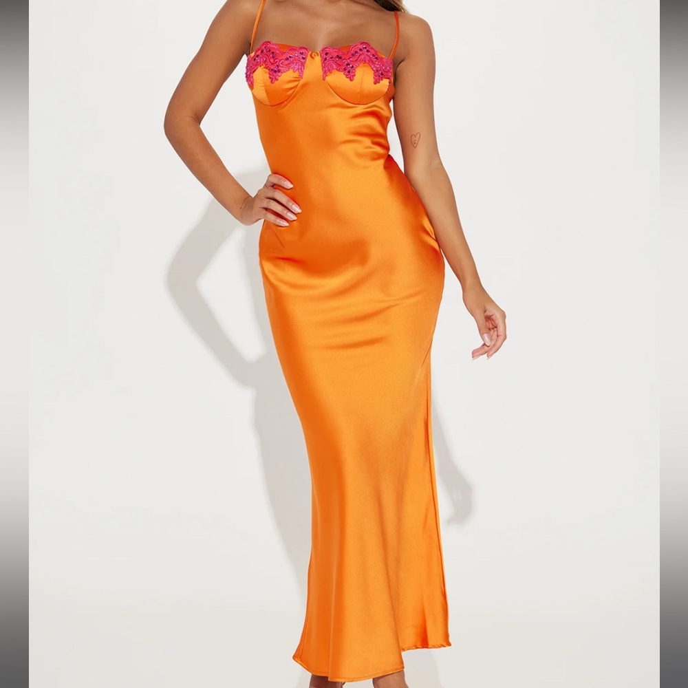 Orange/Pink satin maxi dress with lace sweetheart necklace